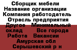 Сборщик мебели › Название организации ­ Компания-работодатель › Отрасль предприятия ­ Другое › Минимальный оклад ­ 1 - Все города Работа » Вакансии   . Амурская обл.,Серышевский р-н